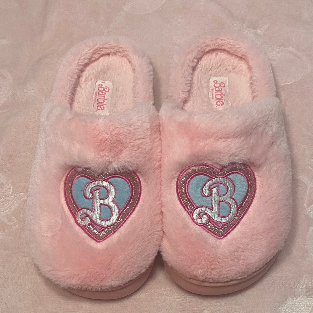 Barbie Pink Fuzzy Heart Slip-On Slippers